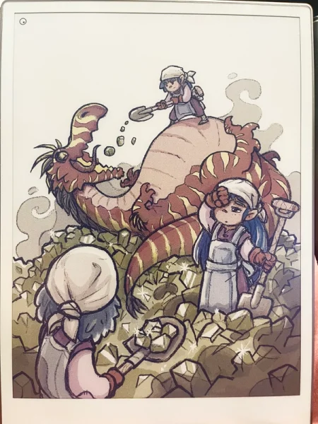 A drawing of three attendants shoveling gemstones into the jaws of a portly dragon.