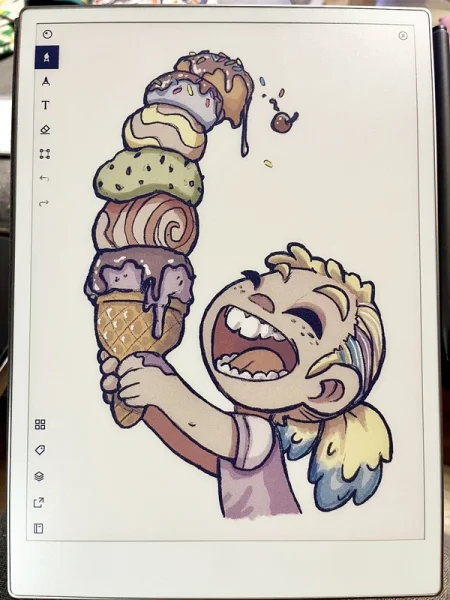 A drawing of a child balancing a teetering tower of ice cream scoops.