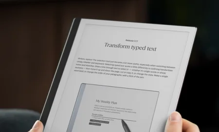 Closeup of a reMarkable 2 showing the 3.11 release notes on the display.