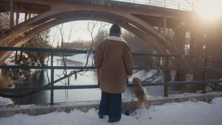 Shruti Ganguly and her dog, Caspian, walking during a wintery day.